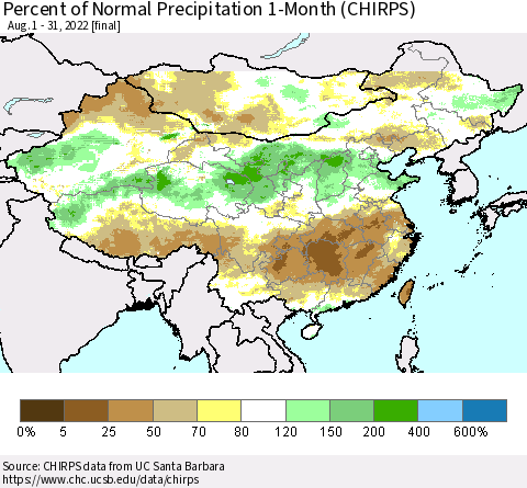 China, Mongolia and Taiwan Percent of Normal Precipitation 1-Month (CHIRPS) Thematic Map For 8/1/2022 - 8/31/2022