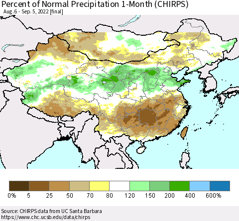 China, Mongolia and Taiwan Percent of Normal Precipitation 1-Month (CHIRPS) Thematic Map For 8/6/2022 - 9/5/2022