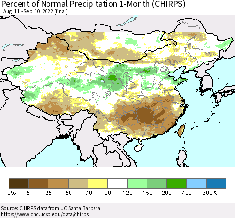 China, Mongolia and Taiwan Percent of Normal Precipitation 1-Month (CHIRPS) Thematic Map For 8/11/2022 - 9/10/2022