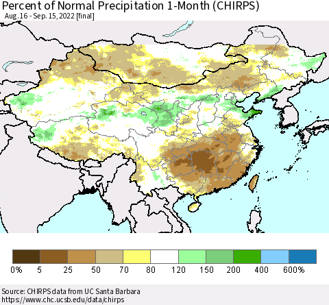 China, Mongolia and Taiwan Percent of Normal Precipitation 1-Month (CHIRPS) Thematic Map For 8/16/2022 - 9/15/2022