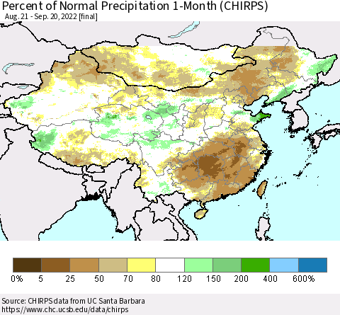 China, Mongolia and Taiwan Percent of Normal Precipitation 1-Month (CHIRPS) Thematic Map For 8/21/2022 - 9/20/2022