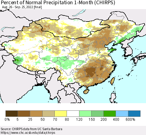 China, Mongolia and Taiwan Percent of Normal Precipitation 1-Month (CHIRPS) Thematic Map For 8/26/2022 - 9/25/2022