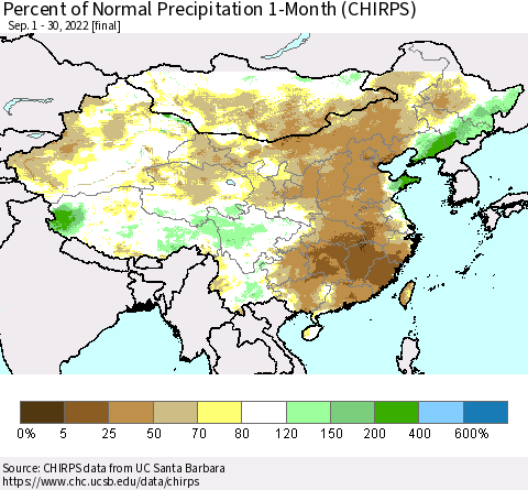China, Mongolia and Taiwan Percent of Normal Precipitation 1-Month (CHIRPS) Thematic Map For 9/1/2022 - 9/30/2022