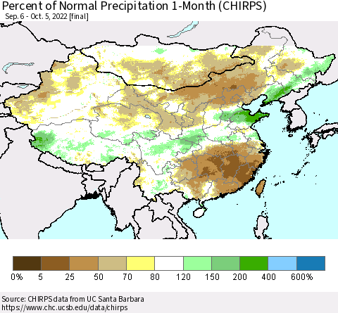 China, Mongolia and Taiwan Percent of Normal Precipitation 1-Month (CHIRPS) Thematic Map For 9/6/2022 - 10/5/2022