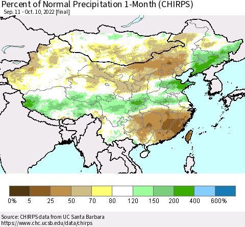China, Mongolia and Taiwan Percent of Normal Precipitation 1-Month (CHIRPS) Thematic Map For 9/11/2022 - 10/10/2022