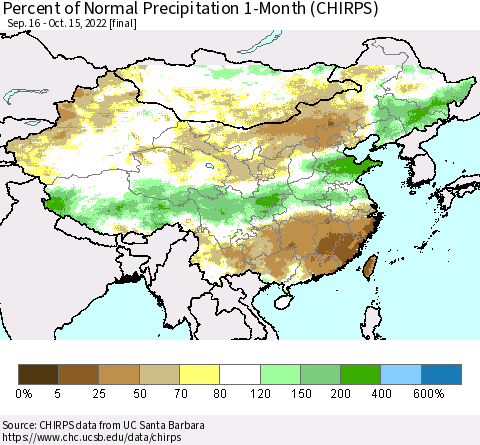 China, Mongolia and Taiwan Percent of Normal Precipitation 1-Month (CHIRPS) Thematic Map For 9/16/2022 - 10/15/2022