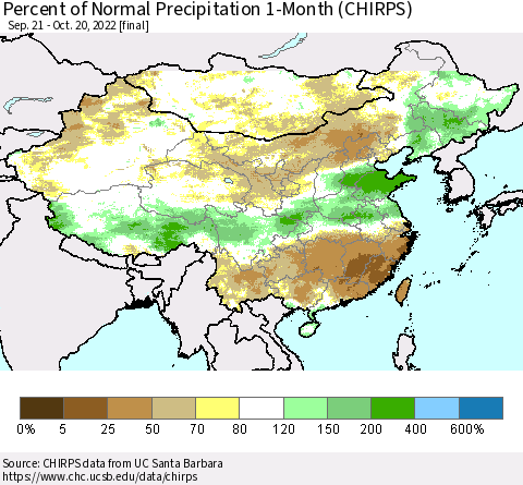 China, Mongolia and Taiwan Percent of Normal Precipitation 1-Month (CHIRPS) Thematic Map For 9/21/2022 - 10/20/2022
