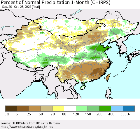 China, Mongolia and Taiwan Percent of Normal Precipitation 1-Month (CHIRPS) Thematic Map For 9/26/2022 - 10/25/2022