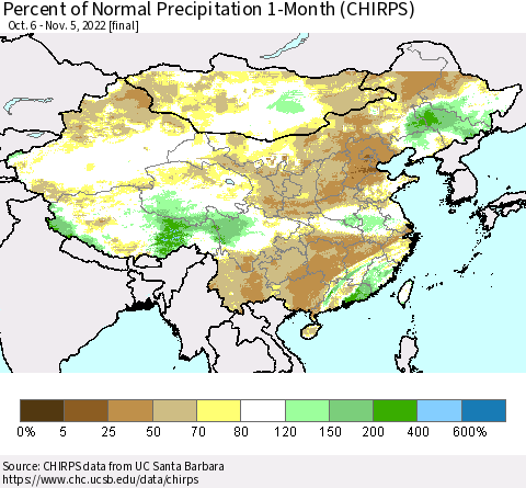 China, Mongolia and Taiwan Percent of Normal Precipitation 1-Month (CHIRPS) Thematic Map For 10/6/2022 - 11/5/2022