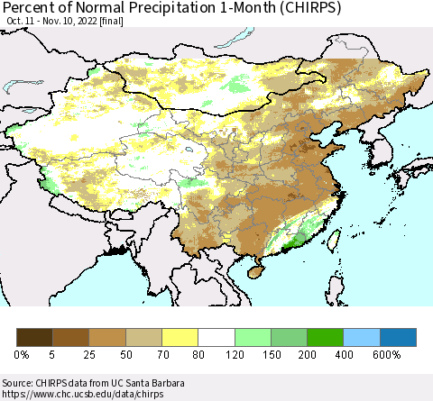 China, Mongolia and Taiwan Percent of Normal Precipitation 1-Month (CHIRPS) Thematic Map For 10/11/2022 - 11/10/2022