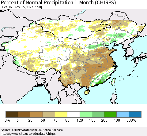 China, Mongolia and Taiwan Percent of Normal Precipitation 1-Month (CHIRPS) Thematic Map For 10/16/2022 - 11/15/2022