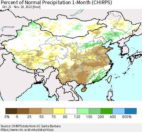 China, Mongolia and Taiwan Percent of Normal Precipitation 1-Month (CHIRPS) Thematic Map For 10/21/2022 - 11/20/2022