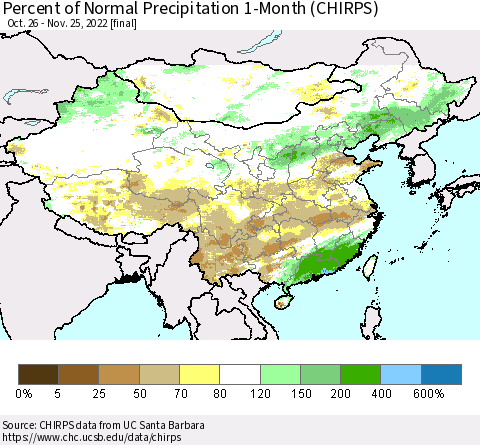 China, Mongolia and Taiwan Percent of Normal Precipitation 1-Month (CHIRPS) Thematic Map For 10/26/2022 - 11/25/2022