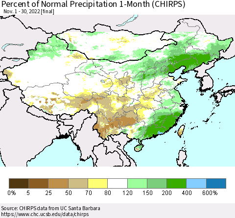 China, Mongolia and Taiwan Percent of Normal Precipitation 1-Month (CHIRPS) Thematic Map For 11/1/2022 - 11/30/2022