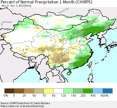 China, Mongolia and Taiwan Percent of Normal Precipitation 1-Month (CHIRPS) Thematic Map For 11/6/2022 - 12/5/2022