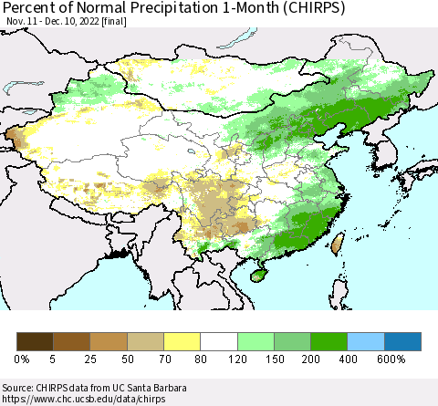 China, Mongolia and Taiwan Percent of Normal Precipitation 1-Month (CHIRPS) Thematic Map For 11/11/2022 - 12/10/2022
