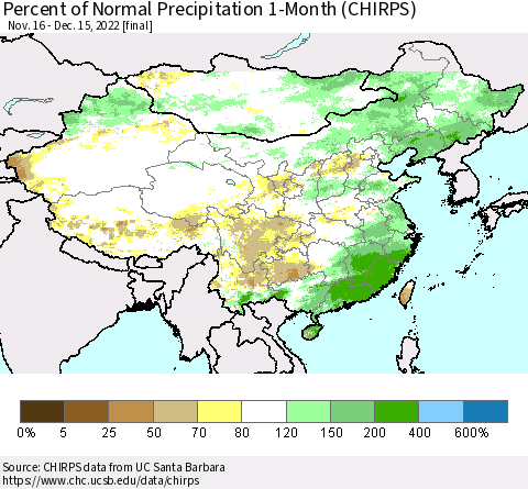 China, Mongolia and Taiwan Percent of Normal Precipitation 1-Month (CHIRPS) Thematic Map For 11/16/2022 - 12/15/2022