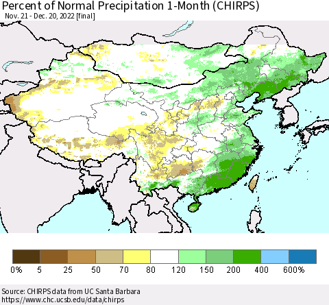 China, Mongolia and Taiwan Percent of Normal Precipitation 1-Month (CHIRPS) Thematic Map For 11/21/2022 - 12/20/2022