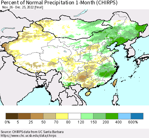 China, Mongolia and Taiwan Percent of Normal Precipitation 1-Month (CHIRPS) Thematic Map For 11/26/2022 - 12/25/2022