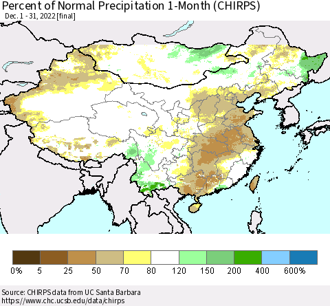 China, Mongolia and Taiwan Percent of Normal Precipitation 1-Month (CHIRPS) Thematic Map For 12/1/2022 - 12/31/2022