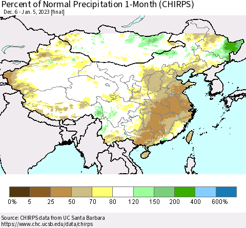China, Mongolia and Taiwan Percent of Normal Precipitation 1-Month (CHIRPS) Thematic Map For 12/6/2022 - 1/5/2023