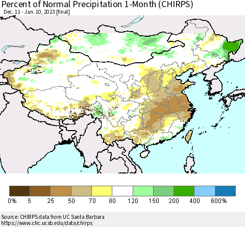 China, Mongolia and Taiwan Percent of Normal Precipitation 1-Month (CHIRPS) Thematic Map For 12/11/2022 - 1/10/2023