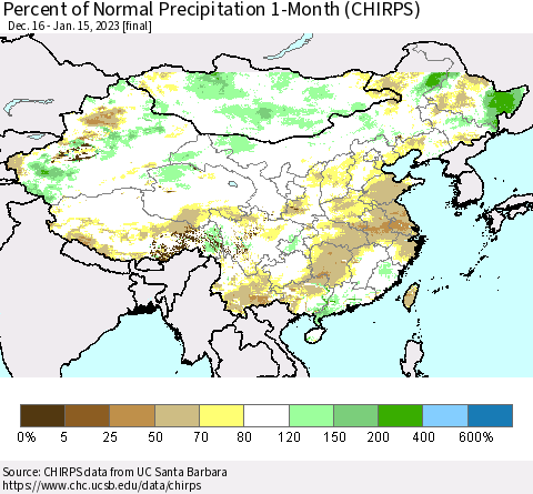 China, Mongolia and Taiwan Percent of Normal Precipitation 1-Month (CHIRPS) Thematic Map For 12/16/2022 - 1/15/2023
