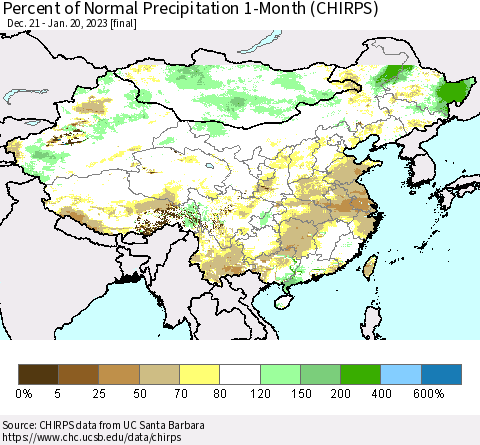 China, Mongolia and Taiwan Percent of Normal Precipitation 1-Month (CHIRPS) Thematic Map For 12/21/2022 - 1/20/2023