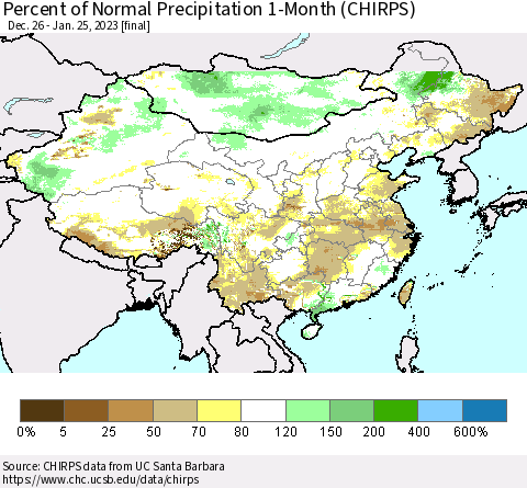 China, Mongolia and Taiwan Percent of Normal Precipitation 1-Month (CHIRPS) Thematic Map For 12/26/2022 - 1/25/2023