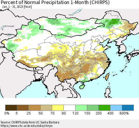 China, Mongolia and Taiwan Percent of Normal Precipitation 1-Month (CHIRPS) Thematic Map For 1/1/2023 - 1/31/2023