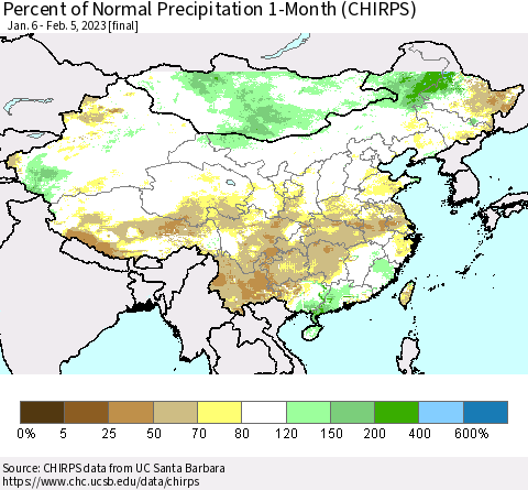China, Mongolia and Taiwan Percent of Normal Precipitation 1-Month (CHIRPS) Thematic Map For 1/6/2023 - 2/5/2023