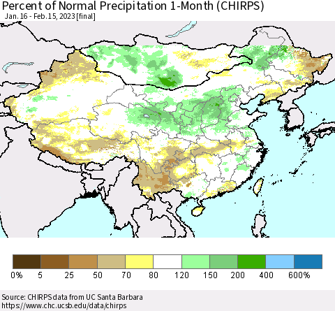 China, Mongolia and Taiwan Percent of Normal Precipitation 1-Month (CHIRPS) Thematic Map For 1/16/2023 - 2/15/2023