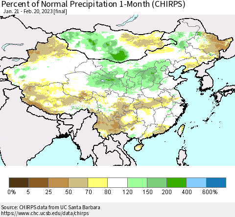 China, Mongolia and Taiwan Percent of Normal Precipitation 1-Month (CHIRPS) Thematic Map For 1/21/2023 - 2/20/2023