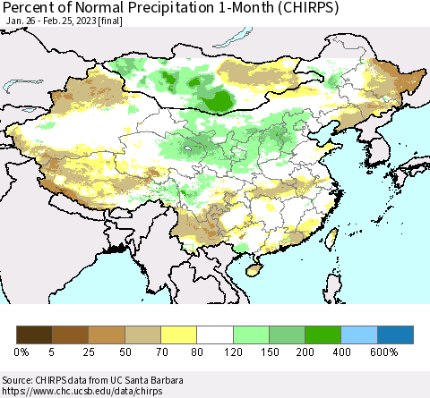 China, Mongolia and Taiwan Percent of Normal Precipitation 1-Month (CHIRPS) Thematic Map For 1/26/2023 - 2/25/2023