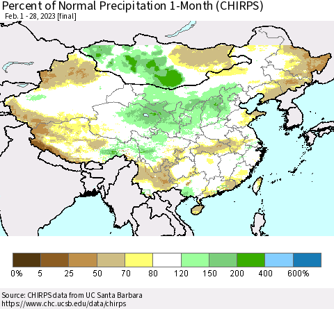 China, Mongolia and Taiwan Percent of Normal Precipitation 1-Month (CHIRPS) Thematic Map For 2/1/2023 - 2/28/2023