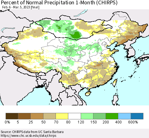 China, Mongolia and Taiwan Percent of Normal Precipitation 1-Month (CHIRPS) Thematic Map For 2/6/2023 - 3/5/2023