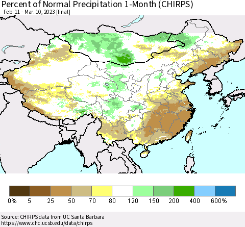 China, Mongolia and Taiwan Percent of Normal Precipitation 1-Month (CHIRPS) Thematic Map For 2/11/2023 - 3/10/2023