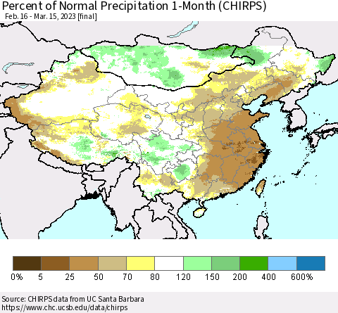 China, Mongolia and Taiwan Percent of Normal Precipitation 1-Month (CHIRPS) Thematic Map For 2/16/2023 - 3/15/2023