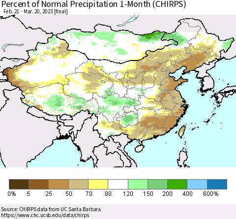 China, Mongolia and Taiwan Percent of Normal Precipitation 1-Month (CHIRPS) Thematic Map For 2/21/2023 - 3/20/2023