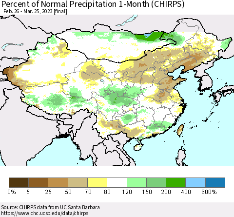 China, Mongolia and Taiwan Percent of Normal Precipitation 1-Month (CHIRPS) Thematic Map For 2/26/2023 - 3/25/2023