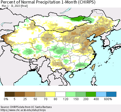 China, Mongolia and Taiwan Percent of Normal Precipitation 1-Month (CHIRPS) Thematic Map For 3/1/2023 - 3/31/2023