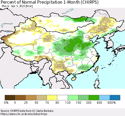 China, Mongolia and Taiwan Percent of Normal Precipitation 1-Month (CHIRPS) Thematic Map For 3/6/2023 - 4/5/2023