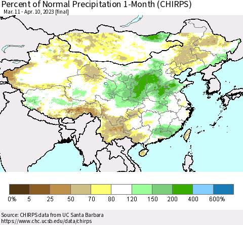 China, Mongolia and Taiwan Percent of Normal Precipitation 1-Month (CHIRPS) Thematic Map For 3/11/2023 - 4/10/2023