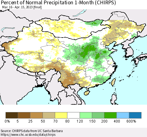 China, Mongolia and Taiwan Percent of Normal Precipitation 1-Month (CHIRPS) Thematic Map For 3/16/2023 - 4/15/2023