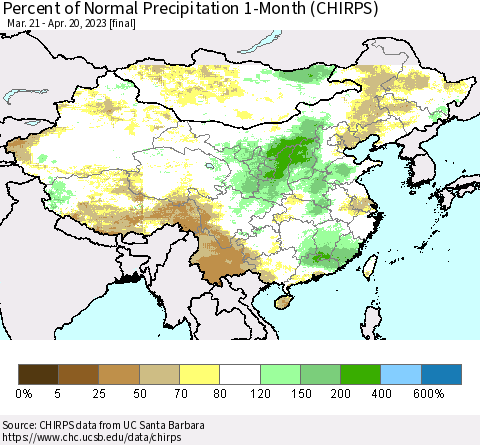 China, Mongolia and Taiwan Percent of Normal Precipitation 1-Month (CHIRPS) Thematic Map For 3/21/2023 - 4/20/2023