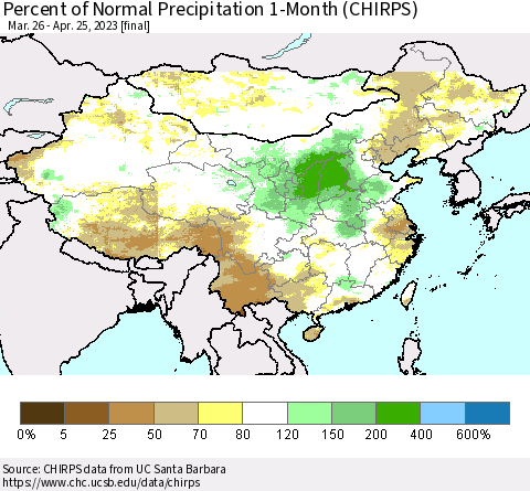 China, Mongolia and Taiwan Percent of Normal Precipitation 1-Month (CHIRPS) Thematic Map For 3/26/2023 - 4/25/2023