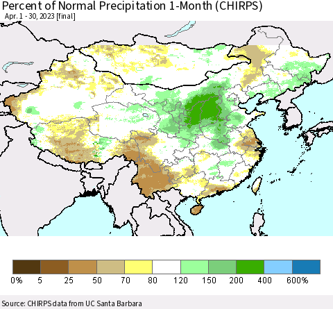 China, Mongolia and Taiwan Percent of Normal Precipitation 1-Month (CHIRPS) Thematic Map For 4/1/2023 - 4/30/2023