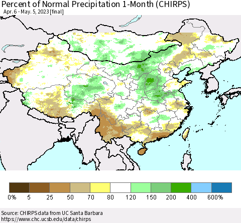 China, Mongolia and Taiwan Percent of Normal Precipitation 1-Month (CHIRPS) Thematic Map For 4/6/2023 - 5/5/2023