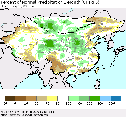 China, Mongolia and Taiwan Percent of Normal Precipitation 1-Month (CHIRPS) Thematic Map For 4/11/2023 - 5/10/2023
