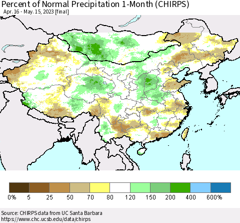 China, Mongolia and Taiwan Percent of Normal Precipitation 1-Month (CHIRPS) Thematic Map For 4/16/2023 - 5/15/2023